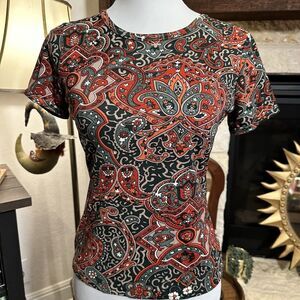 90s Vintage Boho Cottage Paisley Print Baby Tee Womens Made in USA Short Sleeve